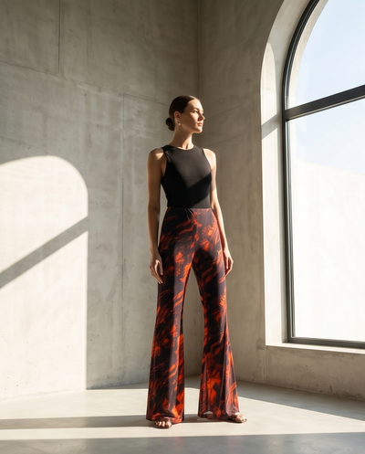Pantalon flare à motifs marbrés orange et noir