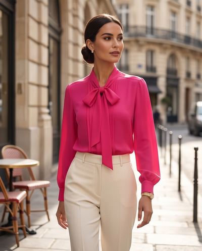 Chemisier col lavallière fuchsia