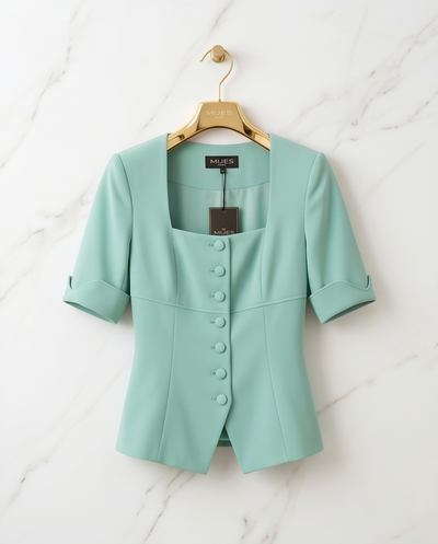 Blouse vert d’eau col carré