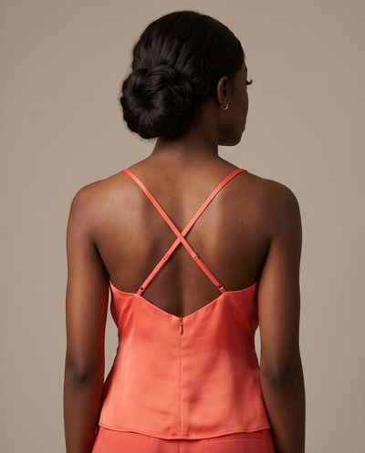 Top corail en soie croisée ajustable