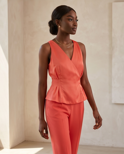 Top corail en soie croisée ajustable