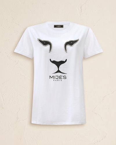 Tee-shirt lion blanc et noir avec perles