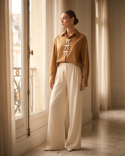 Chemise tabac en popeline avec noeud