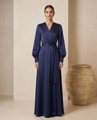 Maxi robe satinée bleu marine