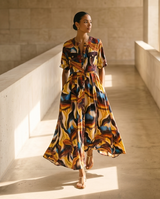 Maxi Robe motifs abstraits couleurs chaudes