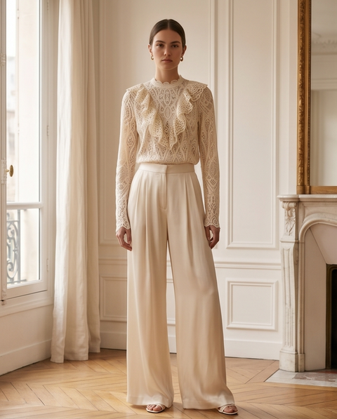 Top beige dentelle froufrou