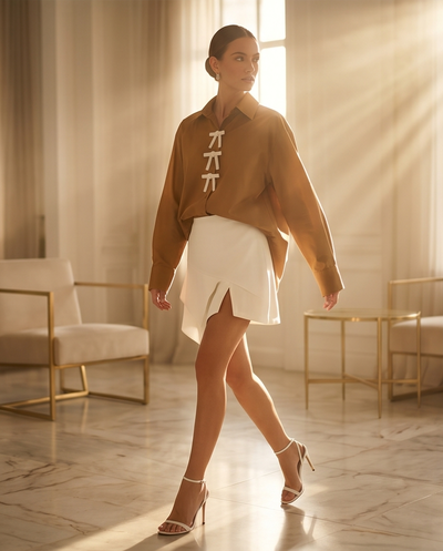 Chemise tabac en popeline avec noeud