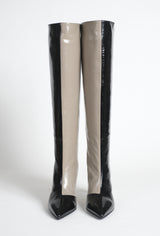 Bottes en cuir d’agneau vernis bicolore gris et noir