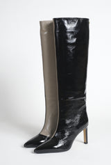 Bottes en cuir d’agneau vernis bicolore gris et noir