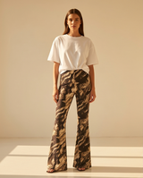 Pantalon flare à motifs marbrés noir et beige