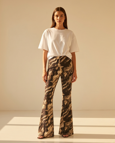 Pantalon flare à motifs marbrés noir et beige