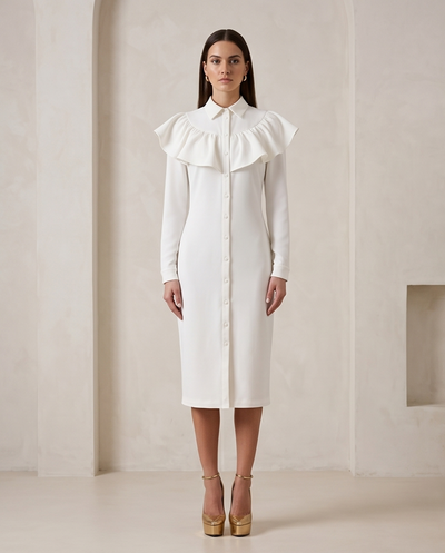 White ruffled shirt dress.