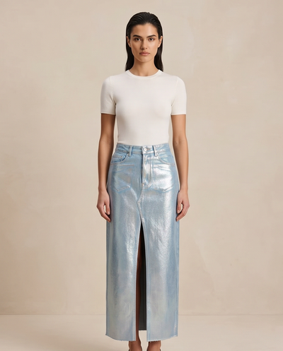 Longue jupe en jeans métallisé