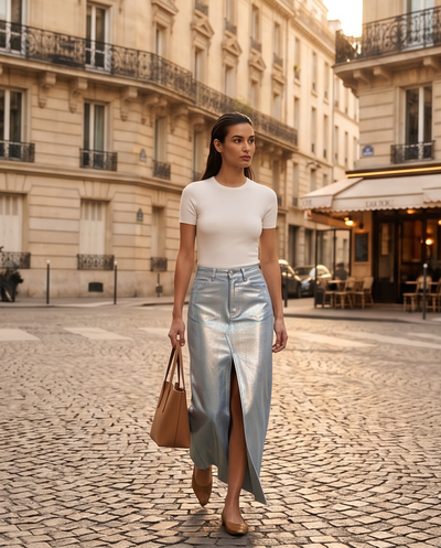 Longue jupe en jeans métallisé