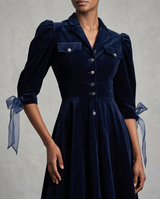 Blue cotton velvet military dress