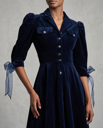Blue cotton velvet military dress