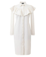 White ruffled shirt dress.