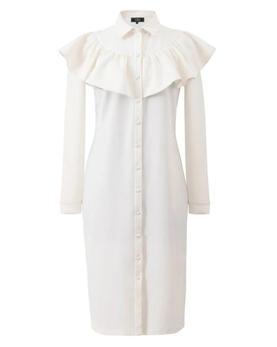 White ruffled shirt dress.