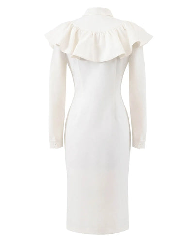 White ruffled shirt dress.